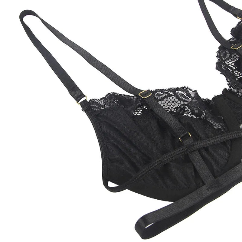 SUBBLIME - ENSEMBLE 3 PIÈCES SOUTIEN-GORGE + STRING + JARRETIÈRE DENTELLE NOIR