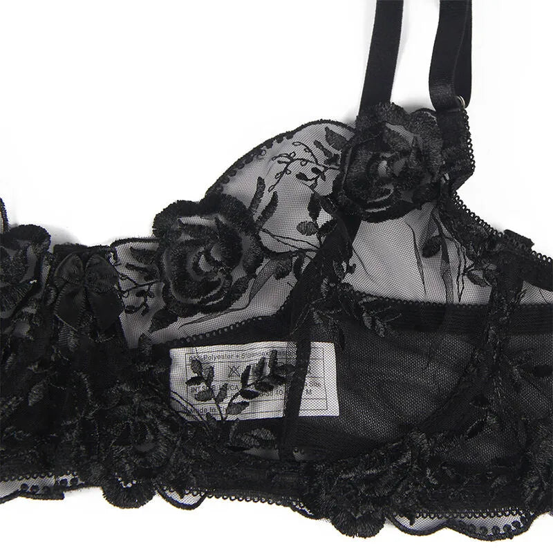 SUBBLIME - ENSEMBLE 3 PIÈCES SOUTIEN-GORGE + STRING + JARRETIÈRE IMPRIMÉ FLORAL NOIR