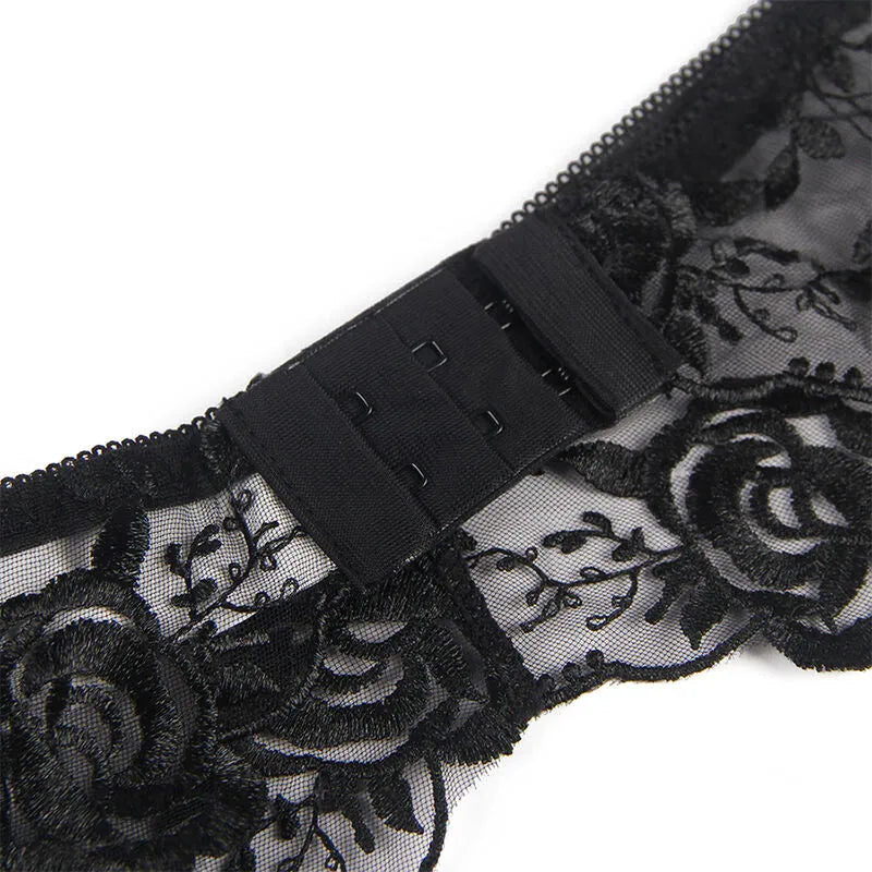 SUBBLIME - LOT 3 PIÈCES SOUTIEN-GORGE + STRING + JARRETIÈRE IMPRIMÉ FLORAL NOIR