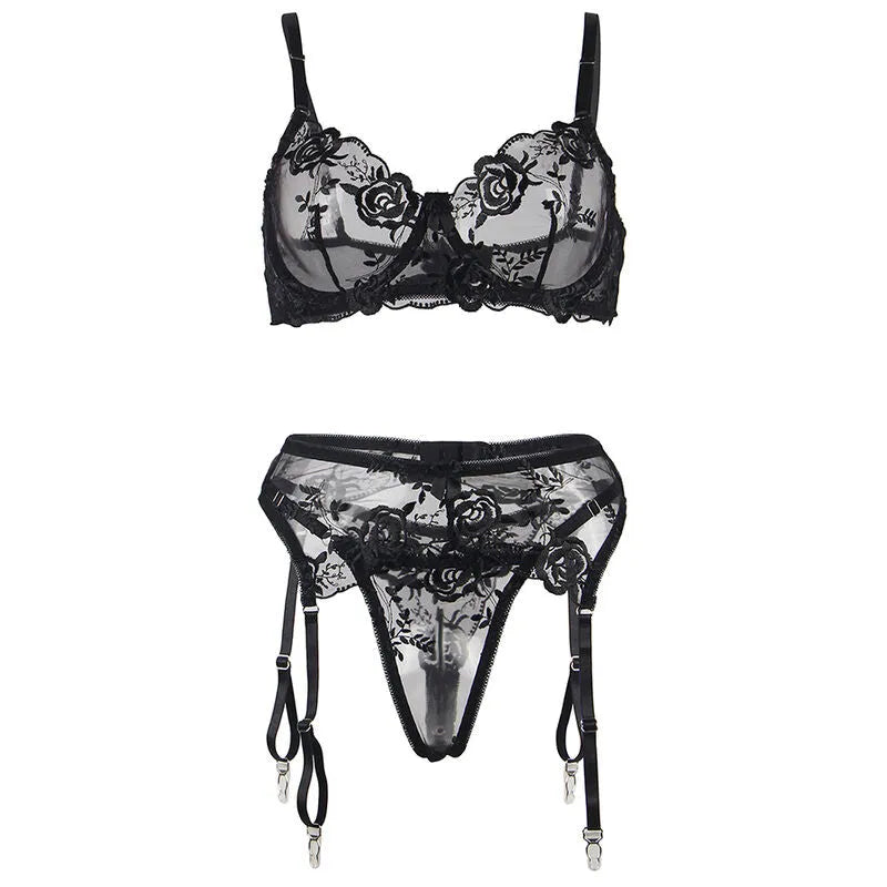 SUBBLIME - LOT 3 PIÈCES SOUTIEN-GORGE + STRING + JARRETIÈRE IMPRIMÉ FLORAL NOIR