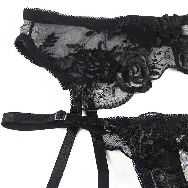SUBBLIME - LOT 3 PIÈCES SOUTIEN-GORGE + STRING + JARRETIÈRE IMPRIMÉ FLORAL NOIR