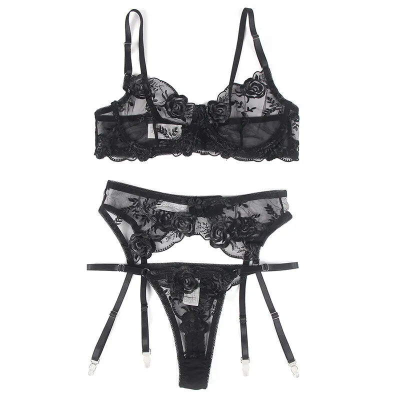 SUBBLIME - LOT 3 PIÈCES SOUTIEN-GORGE + STRING + JARRETIÈRE IMPRIMÉ FLORAL NOIR