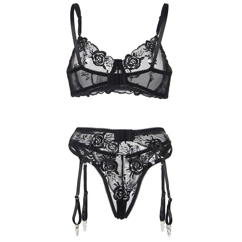 SUBBLIME - LOT 3 PIÈCES SOUTIEN-GORGE + STRING + JARRETIÈRE IMPRIMÉ FLORAL NOIR