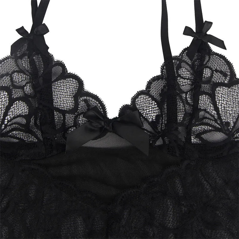 SUBBLIME - BABYDOLL BRETELLES RÉGLABLES ET DENTELLE TRANSPARENTE IMPRIMÉ FLEURI NOIR