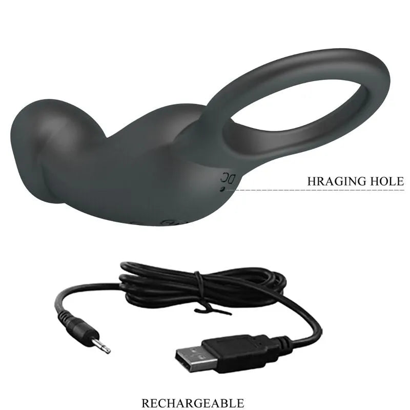 Anneau pénien plug anal vibrant noir en silicone, télécommandé, rechargeable, avec câble USB, 12 modes de vibration.