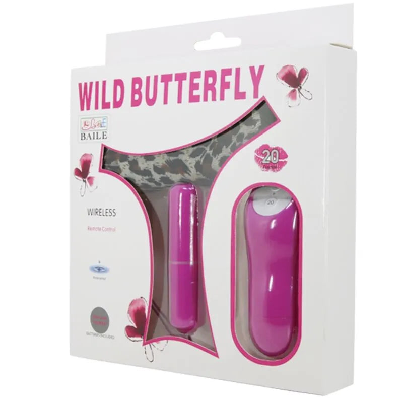 String violet avec balle vibrante et télécommande, emballage blanc et rose, motif papillon, produit BAILE.