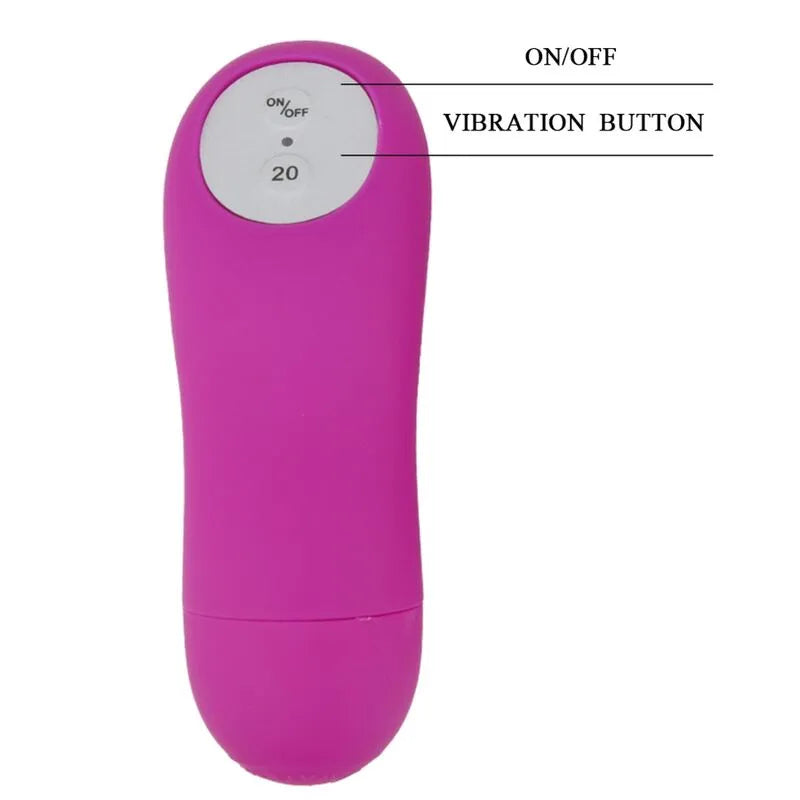 Télécommande violette pour string avec balle vibrante, boutons on/off et vibration, design compact et moderne.