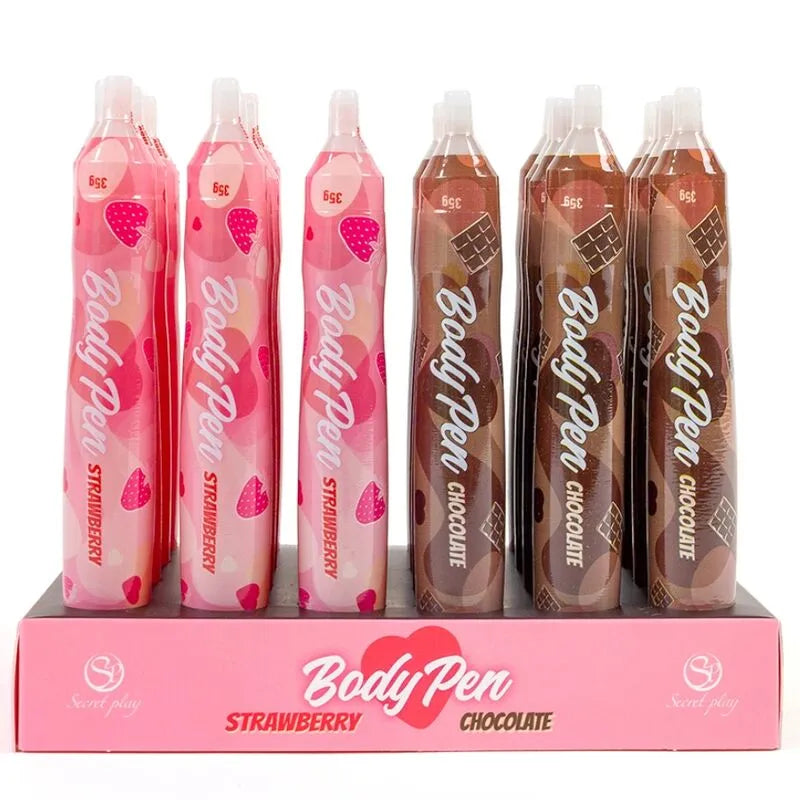 Secret Play Présentoir Stylo Corps Edible 24 Unités Body Painting Intime Créatif Sensoriel Couple Fraise Chocolat