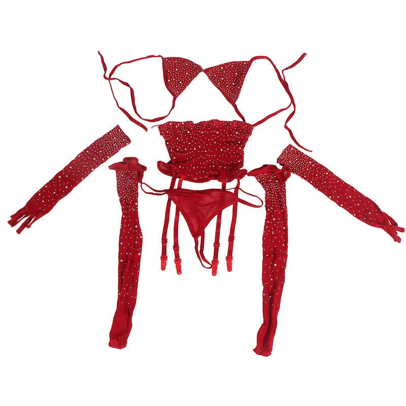 lingerie body résille rouge profond gants assortis sexy femme séduisante