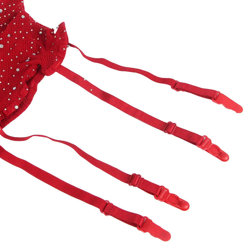 SUBBLIME - 952181 BODYSTOCKING RESILLE AVEC GANTS ET DIAMANTS ROUGE
