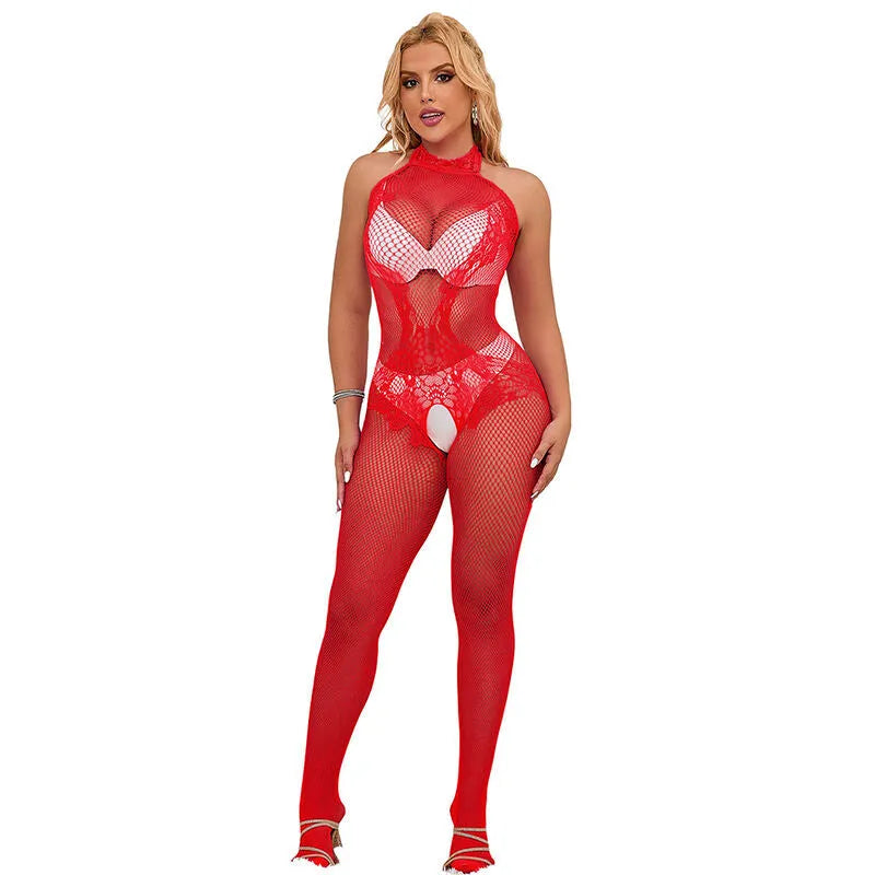 SUBBLIME - 952372 BODYSTOCKING RÉSILLE ET DENTELLE SANS FOURRURE COL MONTANT ROUGE