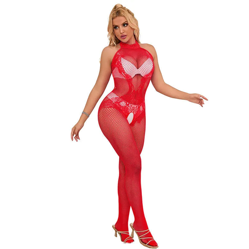 SUBBLIME - 952372 BODYSTOCKING RÉSILLE ET DENTELLE SANS FOURRURE COL MONTANT ROUGE