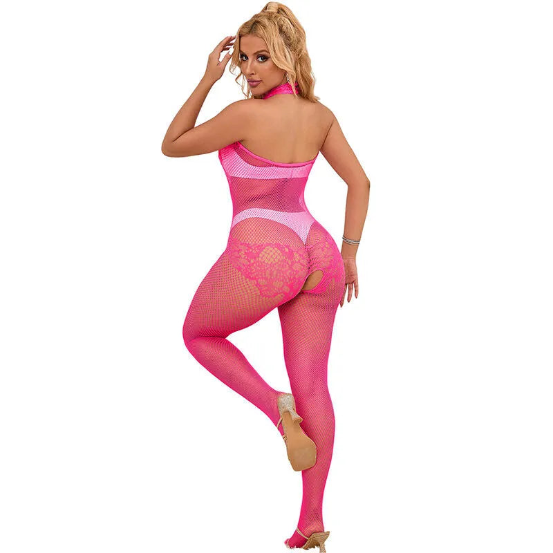 SUBBLIME - 952389 BODYSTOCKING RÉSILLE ET DENTELLE SANS FOURRURE AVEC COL MONTANT ROSE