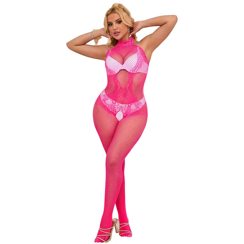 SUBBLIME - 952389 BODYSTOCKING RÉSILLE ET DENTELLE SANS FOURRURE AVEC COL MONTANT ROSE