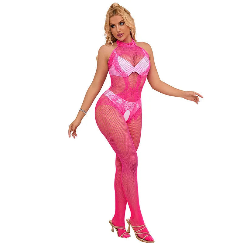 SUBBLIME - 952389 BODYSTOCKING RÉSILLE ET DENTELLE SANS FOURRURE AVEC COL MONTANT ROSE