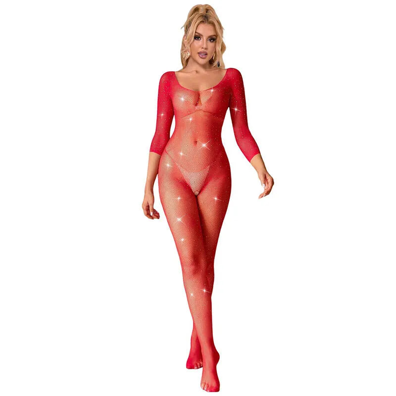 SUBBLIME - 952419 BODYSTOCKING RESILLE AVEC LOSANGES MANCHES LONGUES ROUGE