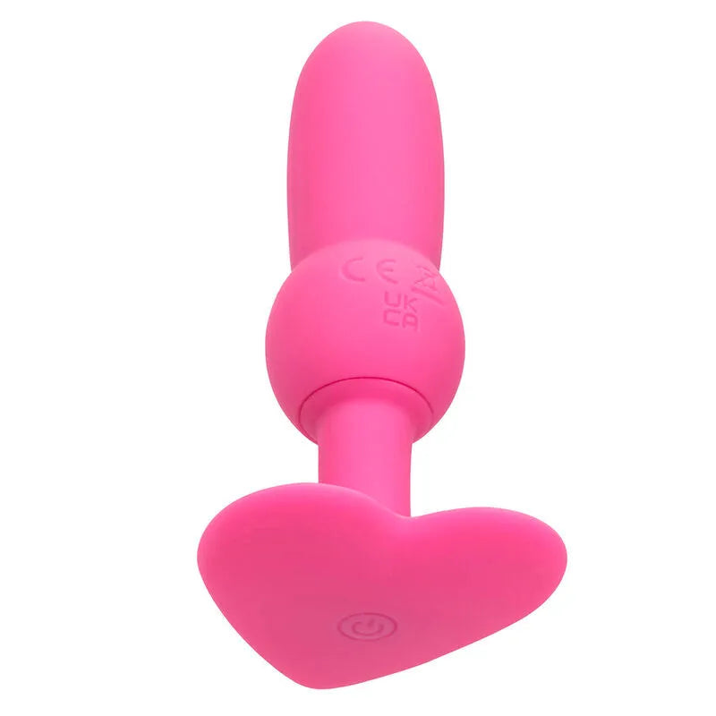 Plug anal rose en silicone avec base en forme de cœur, doté de 10 fonctions vibrantes, idéal pour débutants et passionnés.