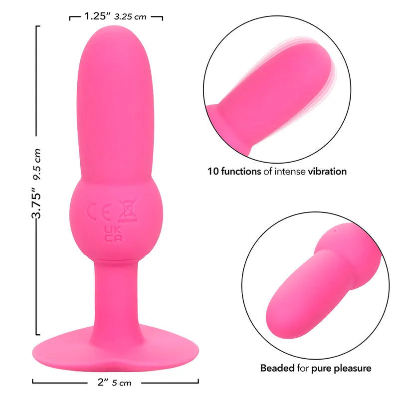 Plug anal rose en silicone, forme perlée, 10 vibrations, étanche, rechargeable USB, idéal débutants et passionnés.