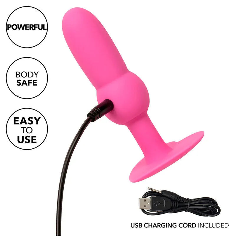 Plug anal rose vibrant en silicone, forme perlée, avec câble USB, 10 fonctions, étanche, idéal débutants et passionnés.