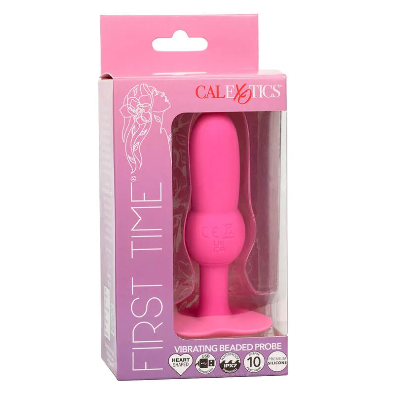 Sonde vibrante rose Calexotics First Time perlée, silicone, 10 fonctions, étanche, dans son emballage.