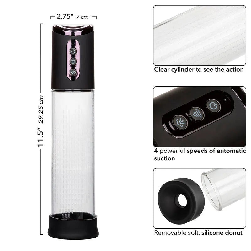 Pompe à onde stimulante noire, cylindre transparent, 4 vitesses, design ergonomique, beignet en silicone amovible.
