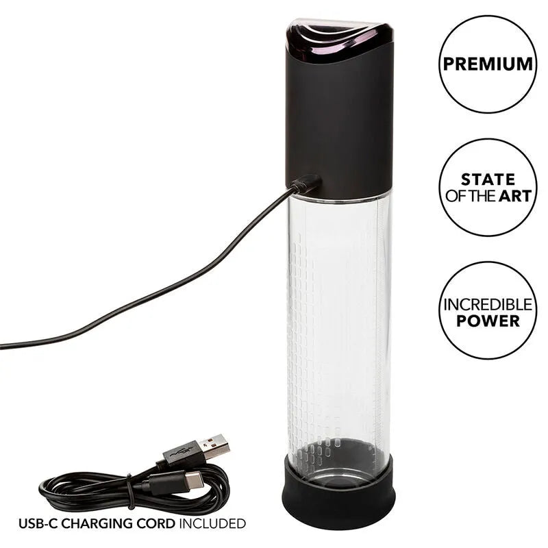 Pompe à onde stimulante noire, design ergonomique, tube transparent, câble USB-C inclus, 4 vitesses réglables.