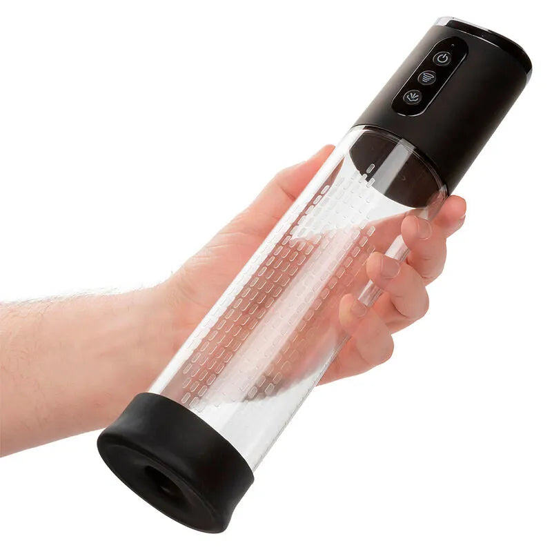 Pompe à onde stimulante noire, ergonomique, avec commandes à boutons, pour plaisir personnalisé et aspiration réglable.