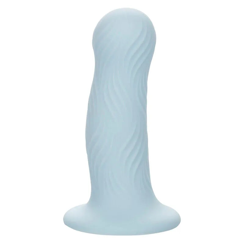 Plug anal bleu en mousse, forme bulbeuse avec texture ondulée, silicone liquide, doux et souple, design ergonomique.