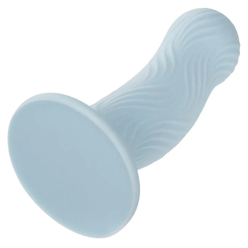 Plug anal bleu en mousse, forme bulbeuse avec texture ondulée, fabriqué en silicone liquide, imperméable et flexible.