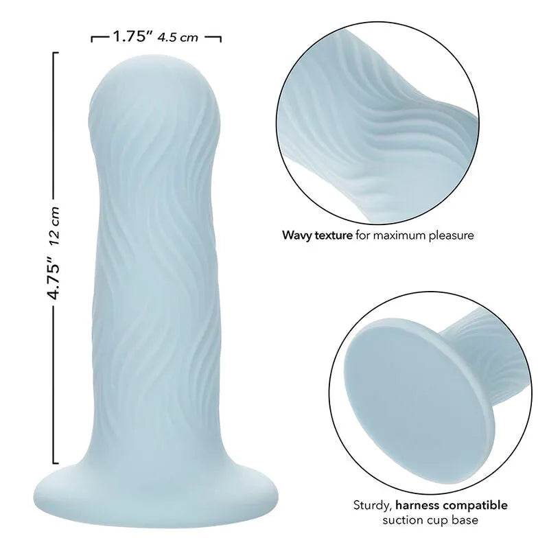 Plug anal bleu en mousse, texture ondulée, forme bulbeuse, silicone liquide doux, base ventouse, imperméable.