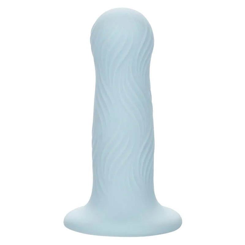 Plug anal bleu en mousse avec texture ondulée, forme bulbeuse, fabriqué en silicone liquide, imperméable et souple.