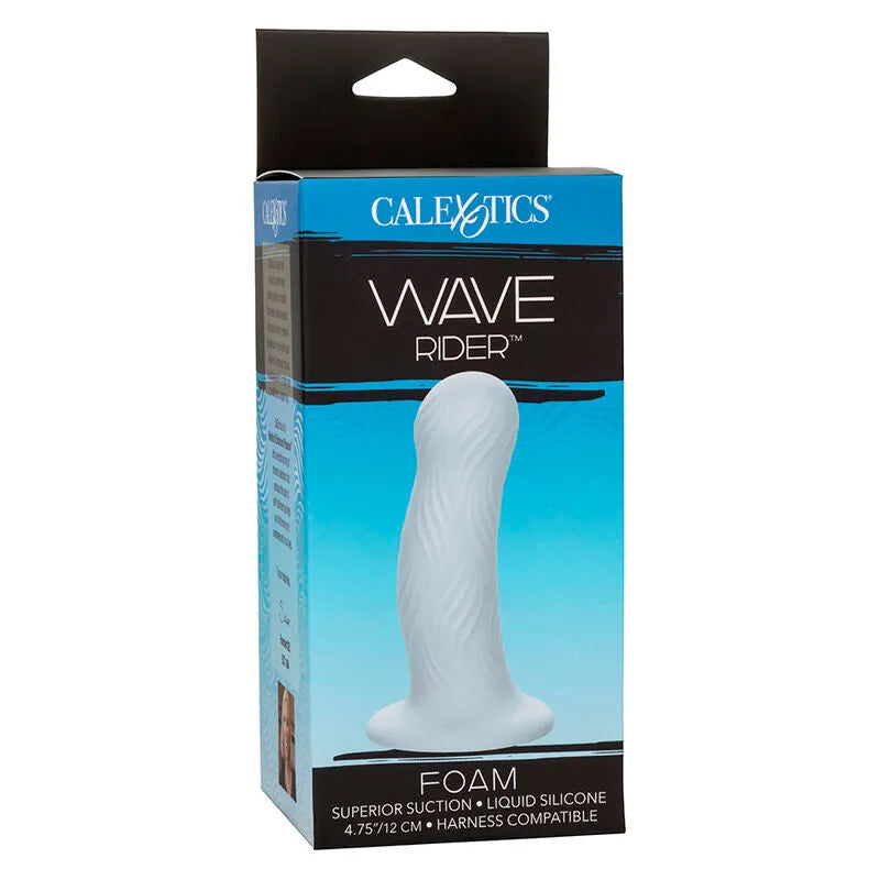 Plug anal bleu en silicone, forme bulbeuse et texture ondulée, dans son emballage Calexotics Wave Rider.