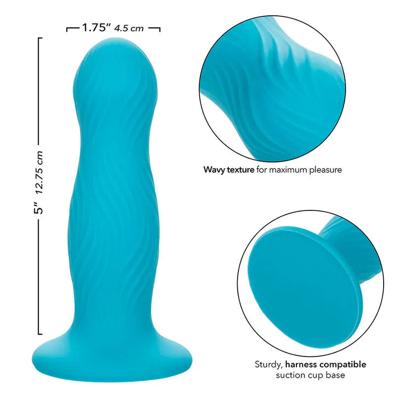 Plug anal bleu en silicone ondulé avec base à ventouse, imperméable et profilé pour un plaisir intense et sécurisé.