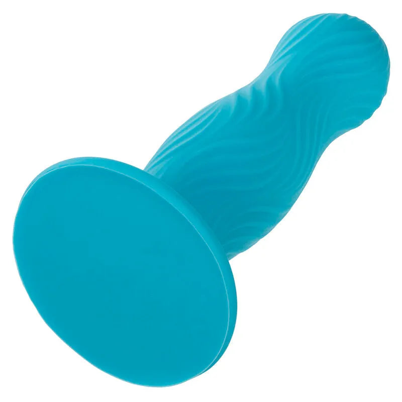 Plug anal bleu en silicone ondulé avec ventouse, imperméable, doux et profilé pour un plaisir intense et sécurisé.