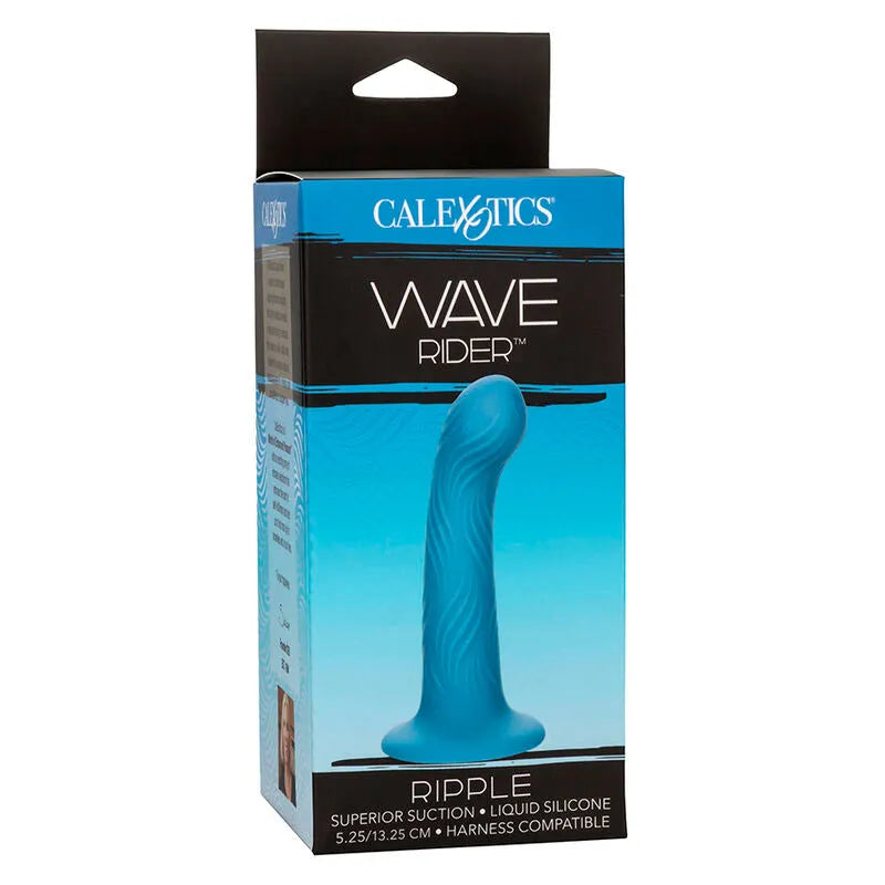 Plug anal ondulé bleu en silicone, design ergonomique pour stimulation intense, emballage Calexotics Wave Rider Ripple.