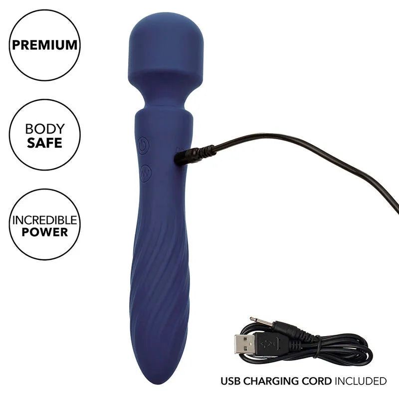 Masseur violet Charisma Mystique, double moteur, tête flexible striée, silicone, étanche, câble USB inclus.