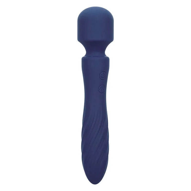 Masseur violet en silicone avec tête flexible striée, design élégant, double moteur, 12 fonctions, étanche.