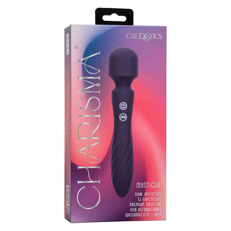 Masseur violet Charisma Mystique, design élégant, tête flexible striée, double moteur, 12 fonctions, étanche.