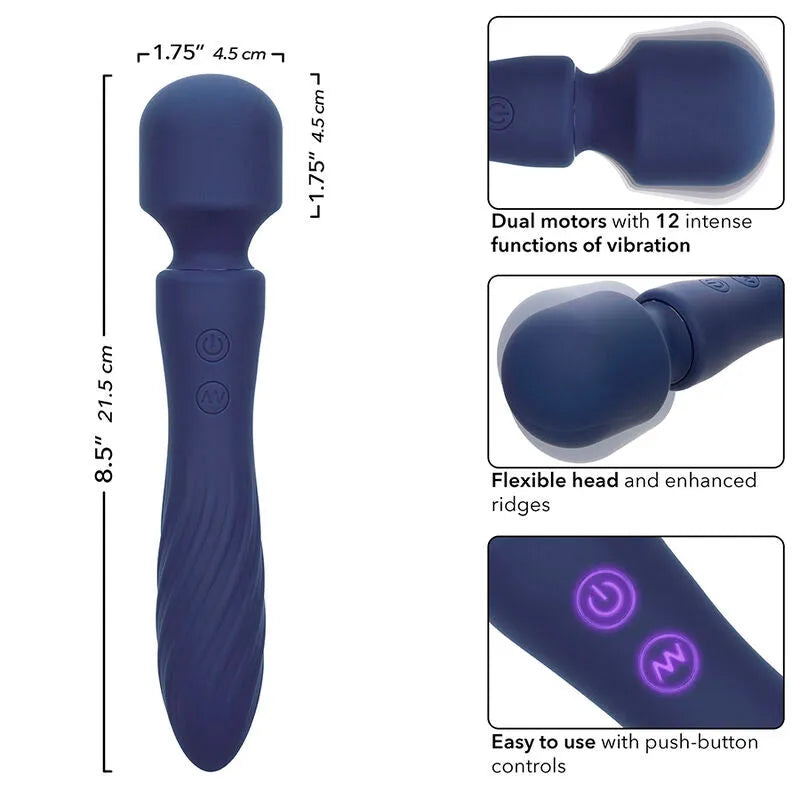 Masseur violet Calexotics Charisma Mystique, double moteur, tête flexible striée, 12 fonctions, silicone étanche.