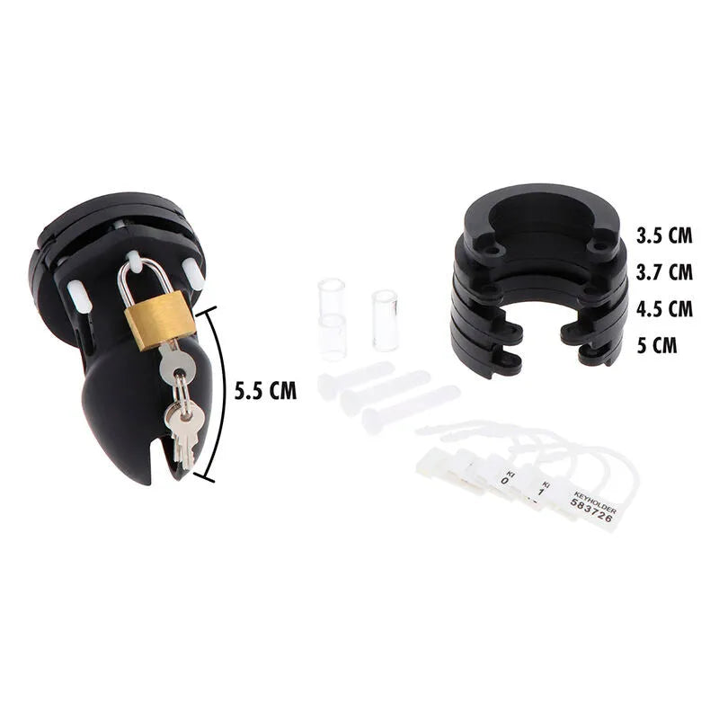 Cage de chasteté noire en silicone médical, taille ajustable, avec cadenas doré et accessoires de sécurité inclus.