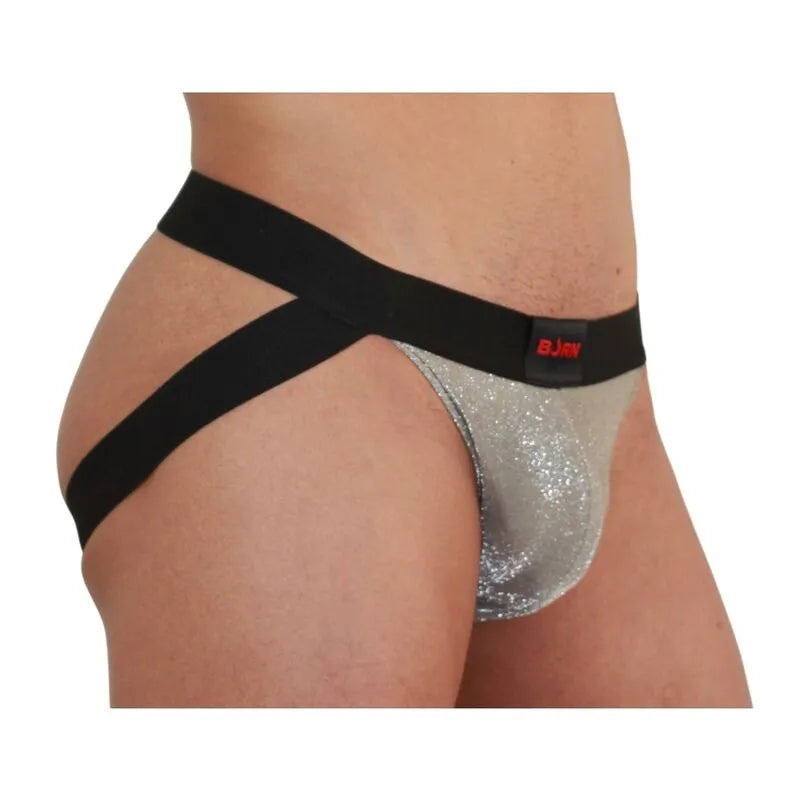 Jockstrap BURN beige brillant avec paillettes, ceinture noire, design audacieux et séduisant, style et confort.
