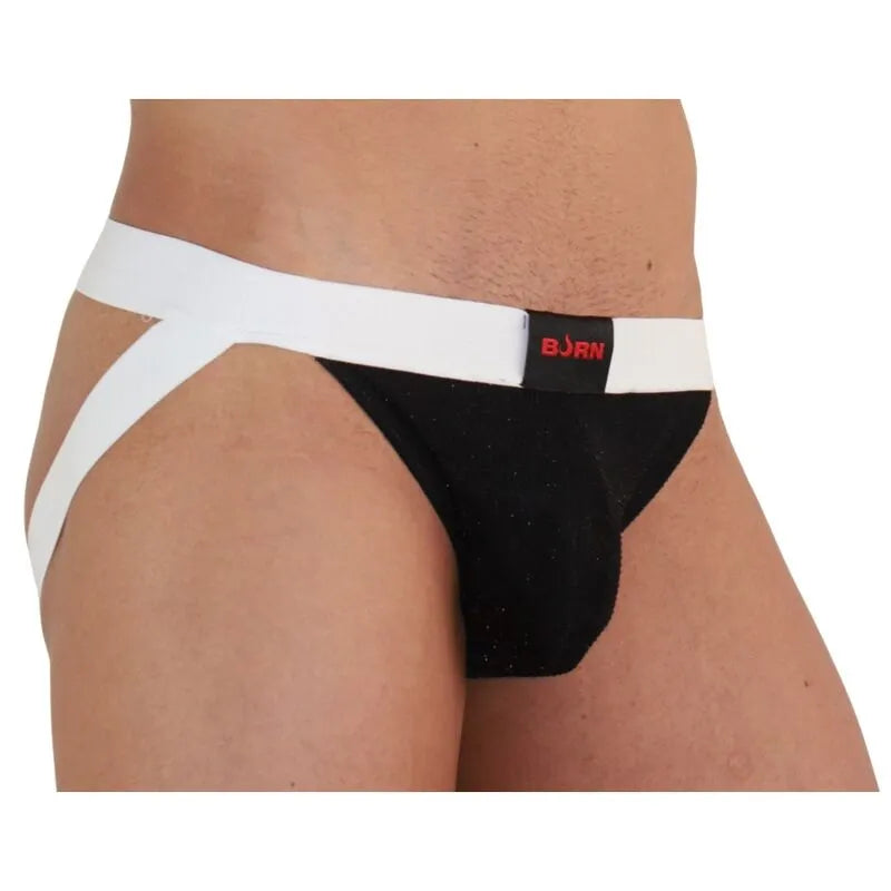Jockstrap noir brillant avec ceinture blanche, design audacieux et paillettes, marque BURN, style et confort.