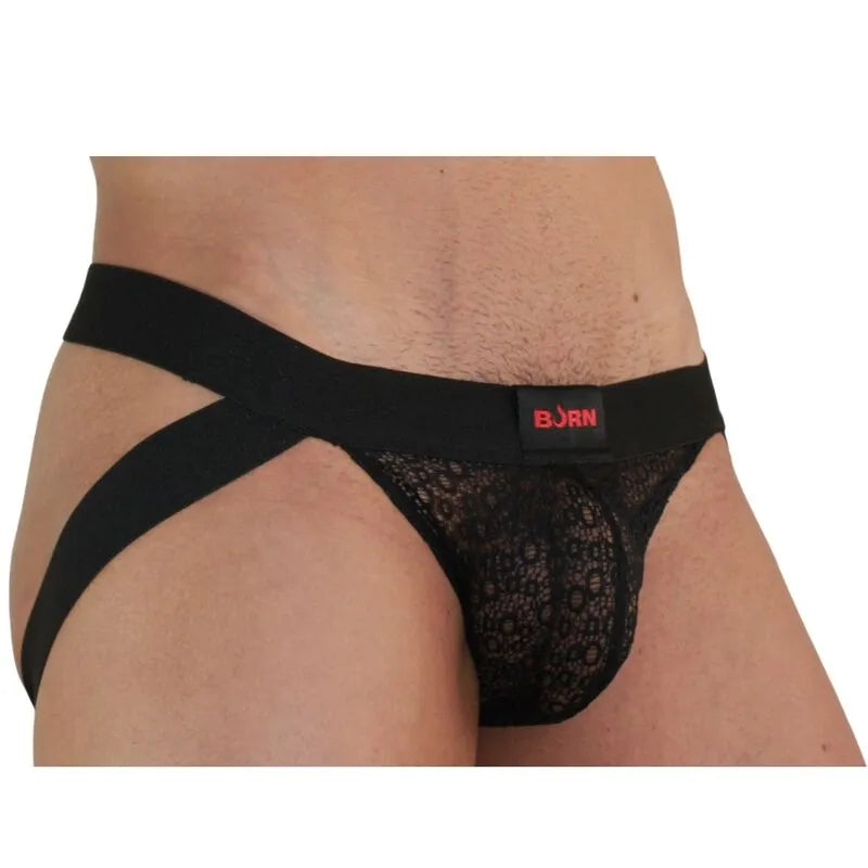 Jockstrap noir BURN avec paillettes, transparence séduisante, matériaux de qualité supérieure, design audacieux.