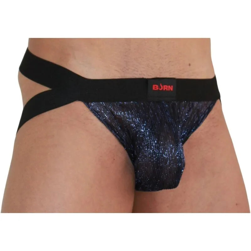 Jockstrap BURN bleu brillant avec paillettes, ceinture noire, design audacieux et séduisant, confort et style.
