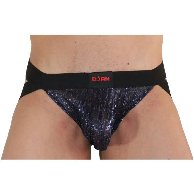 Jockstrap BURN bleu brillant avec paillettes, ceinture noire, design audacieux et séduisant pour style et confort.