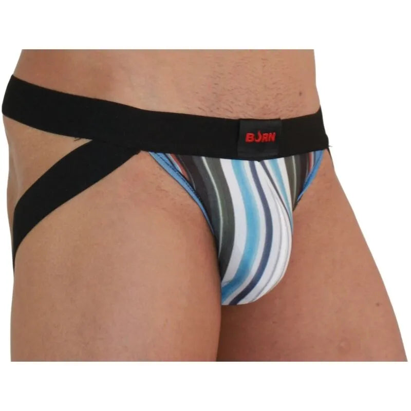 Jockstrap multicolore BURN avec bandes noires, design audacieux et paillettes, confort et style séduisant.