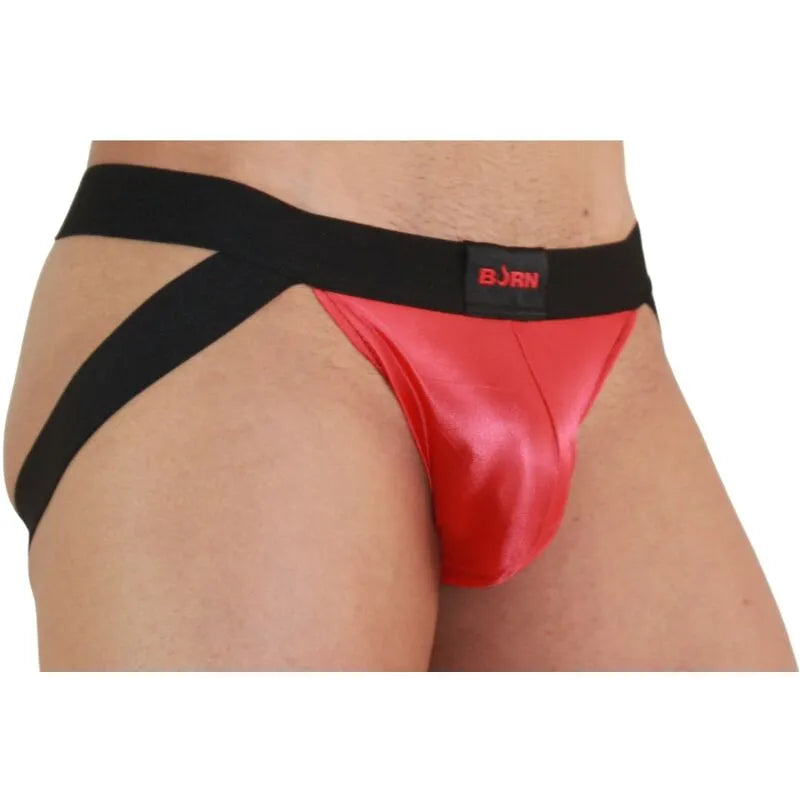 Jockstrap BURN rouge et noir avec paillettes, design audacieux et sensualité, ceinture noire, tissu brillant.