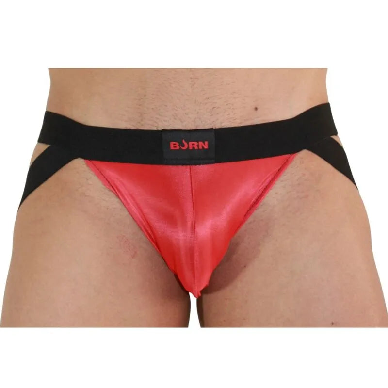 Jockstrap BURN rouge et noir, design audacieux avec paillettes et transparences, confort et style pour homme.