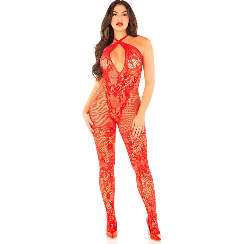 LEG AVENUE - BODYSTOCKING EN MAILLE IMPRIMÉ FLEURI ROUGE