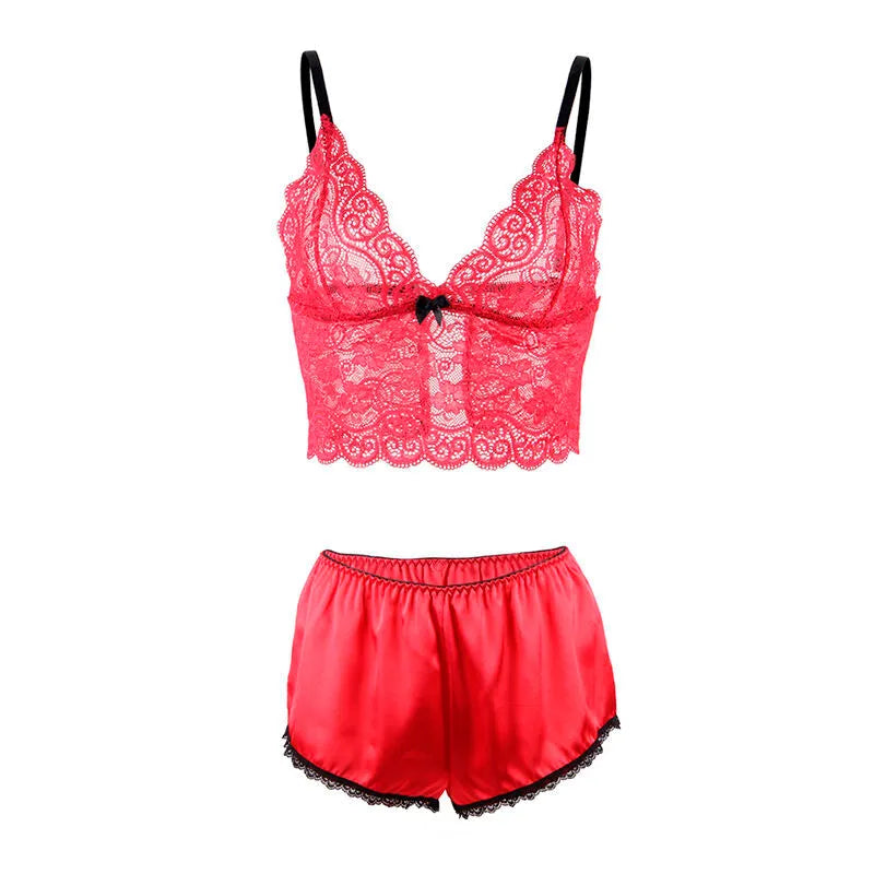 SUBBLIME - 953904 CHEMISIER DE NUIT EN SOIE ET DENTELLE + CULOTTE ROUGE